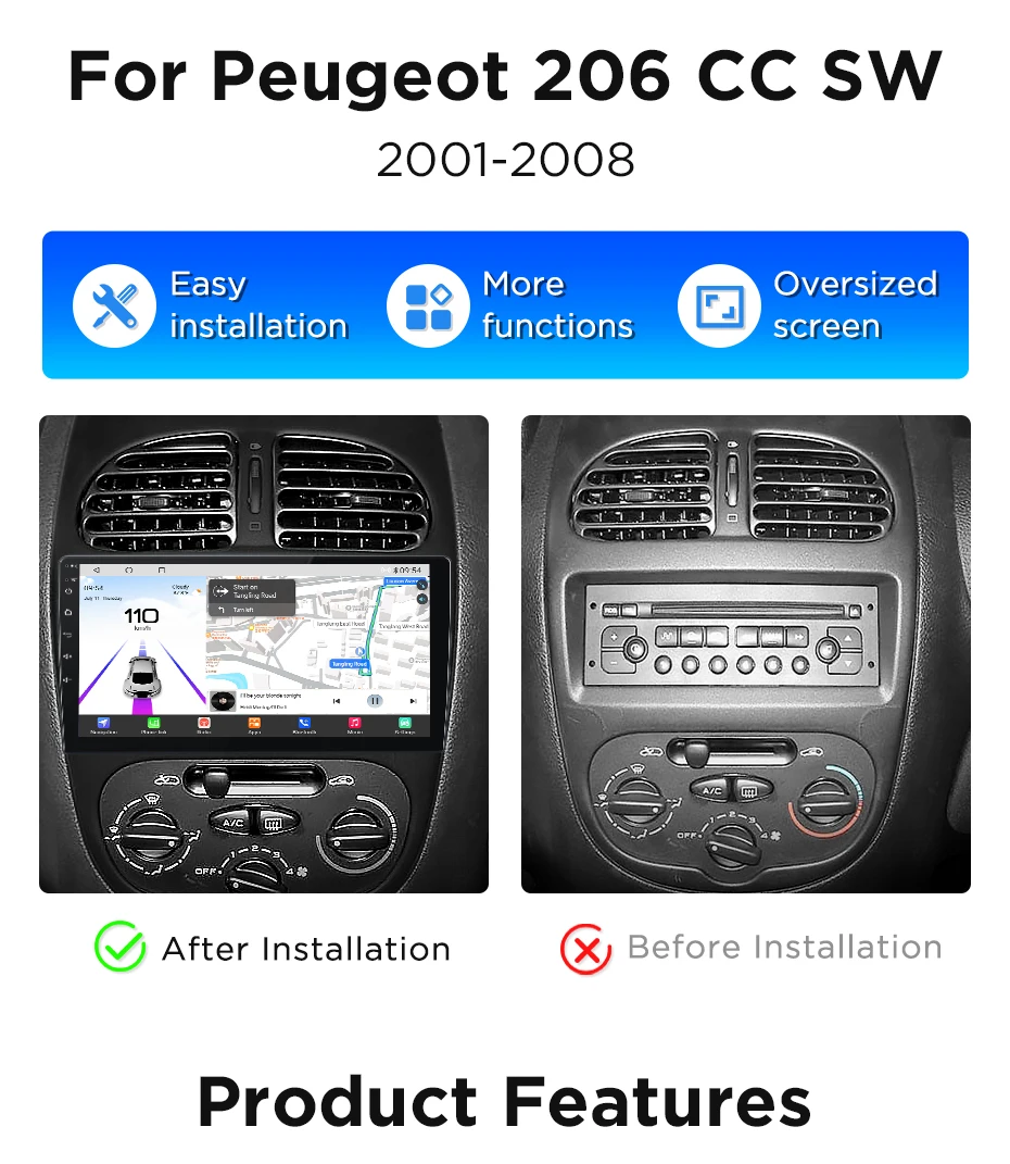 Junsun 360 ° Panorama-Kamera-Autoradio für Peugeot 206 206CC 206SW 2001-2008, kabelloses CarPlay, Bildschirm, Android Auto, Stereo, GPS-Navigation – Detail 7