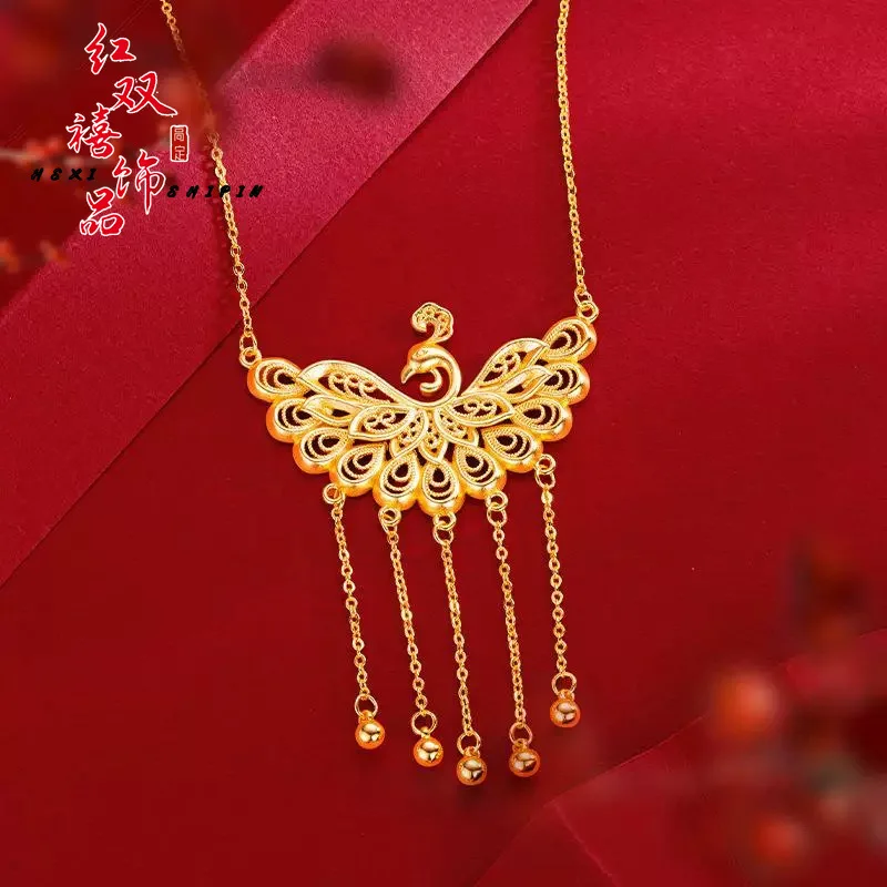 Luxury 24K 9999 Pure Gold real gold Hollow Peacock Open Screen Tassel Fashion Pendant Necklace