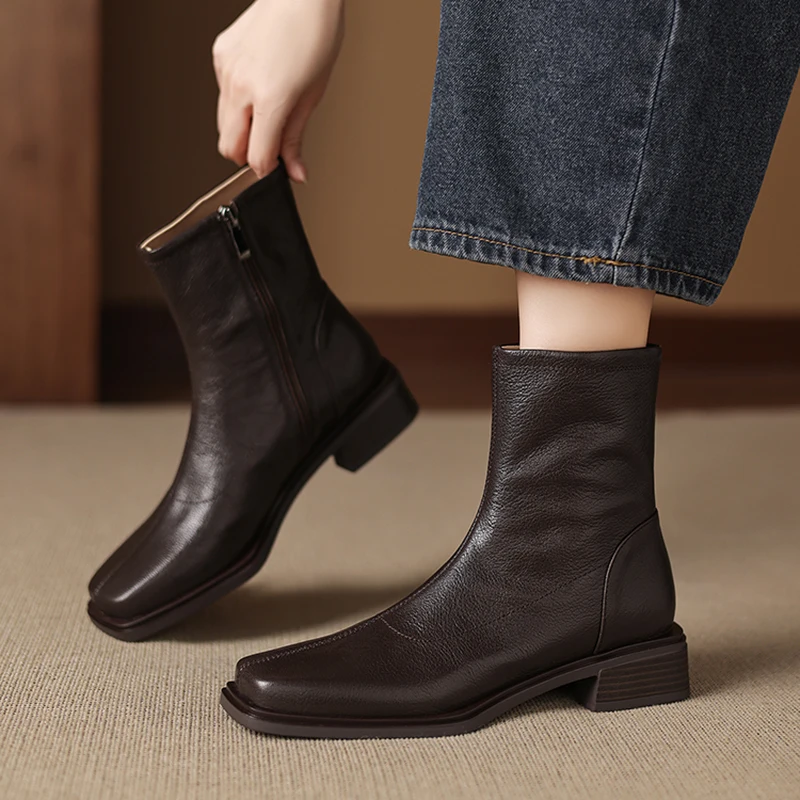 2026 new autumn winter women ankle boots natural leather plus size 22-26cm sheepskin square toe side zip short boots fashion