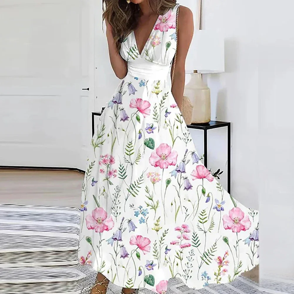 Sexy Floral Print Dress for Women 2024 Summer Elegant Bohemian Long Dresses Female Clothing Vestido Skirt