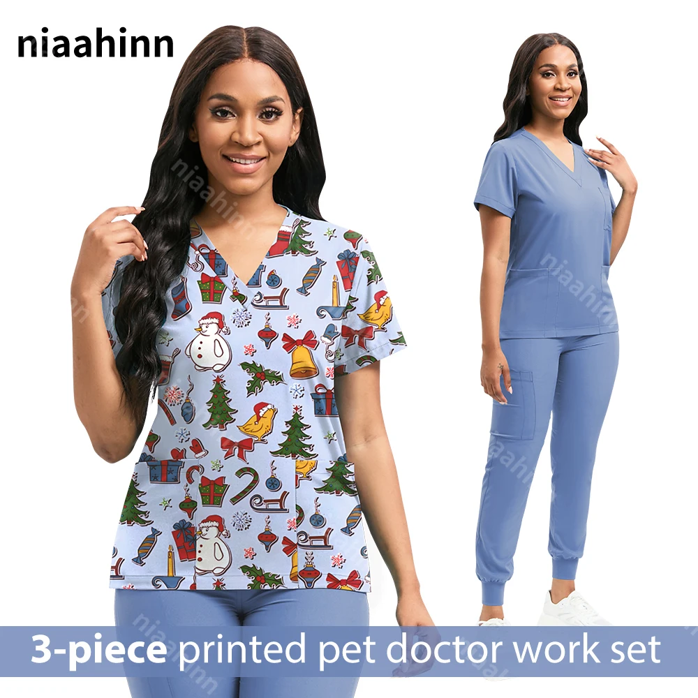 3pieces Uniforms Set Pet Veterinary Scrubs Women Uniforms Print Hosipital Nurse Work Suits Dental Clinic Health Service Workwear