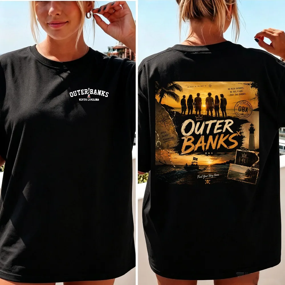 Outer Banks‑Inspired Cotton T‑Shirt Double‑Sided Sunset Group Poster Graphic Tee Top TV Series Fan Merch Casual Beach Streetwear
