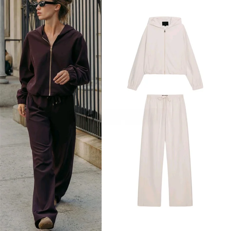 قابل للتعديل الخصر عالية الخصر بنطال ذو قصة أرجل واسعة ومعطف Jaet الطيار طويل Sve مقنعين المرأة Faion مجموعة ملابس الخريف عادية Sle #1