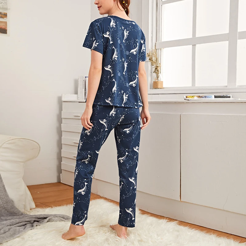 Women Pajama Sets Soft Comfy Pj Set Short Sleeve Tops And Long Pants Pajama Dark Blue Cute Dolphin Print Sleepwear With Eye Mask