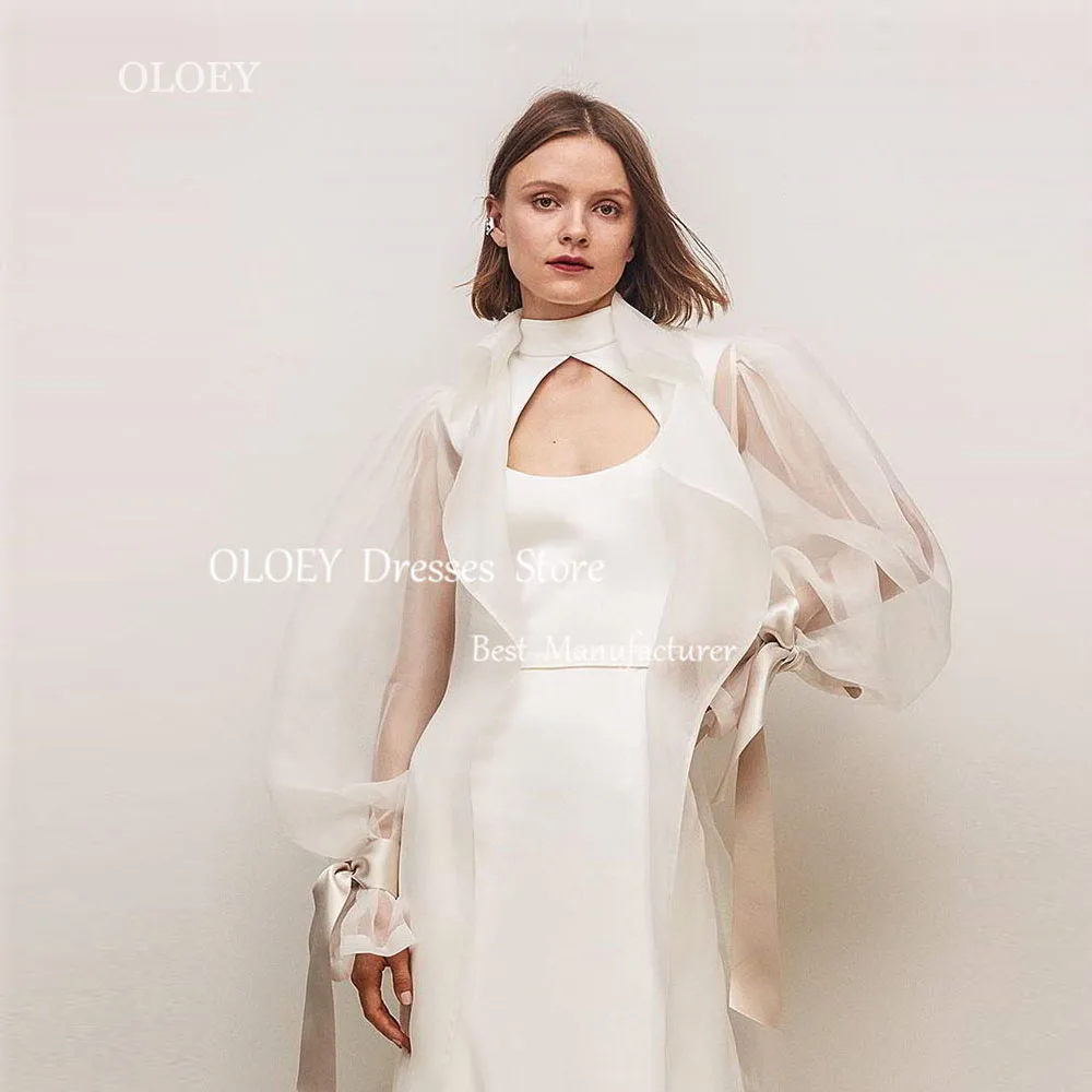 OLOEY New Design Two Pieces Wedding Dresses With Coat Puff Long Sleeves High Neck Backless Sexy Bridal Gowns Robe de mariage