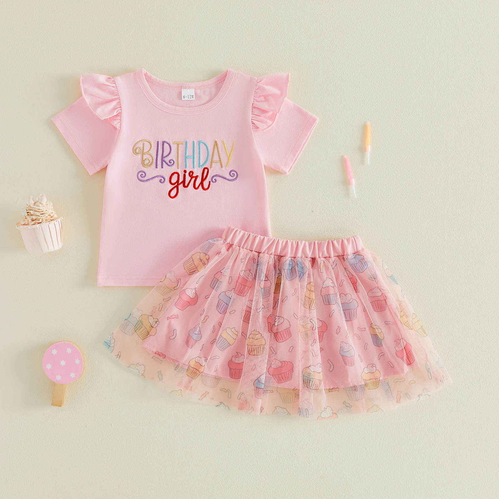 1-4Y Kids Girls Birthday Outfits Letter Embroidery Short Sleeve T-Shirt Cake Print Tulle Skirt Set 2Piece Clothes Birthday Gifts