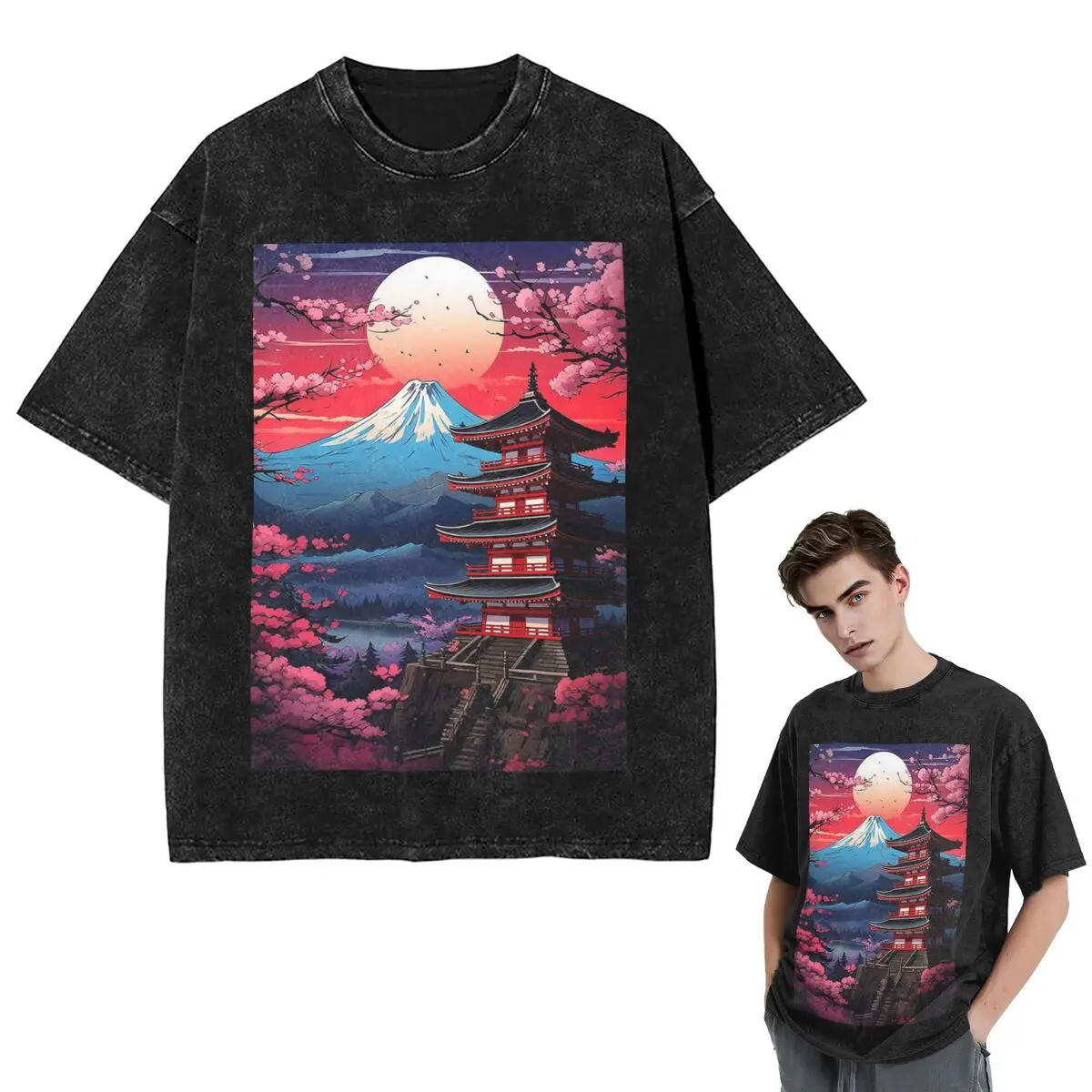 Streetwear T-Shirts Japan Sakura Cherry Blossoms With A Red Rising Sun Washed T Shirt Short Sleeve Hip Hop T-Shirt Tops Tees