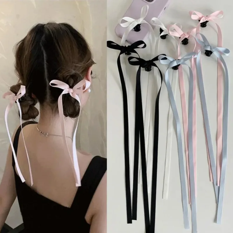 2Pcs Y2K Long Bow Hair Clip Women Girls Ribbon Bow Shark Clip Cute Korean Long Tassel Ribbon Hairpin Girls Hair Accessories 머리핀