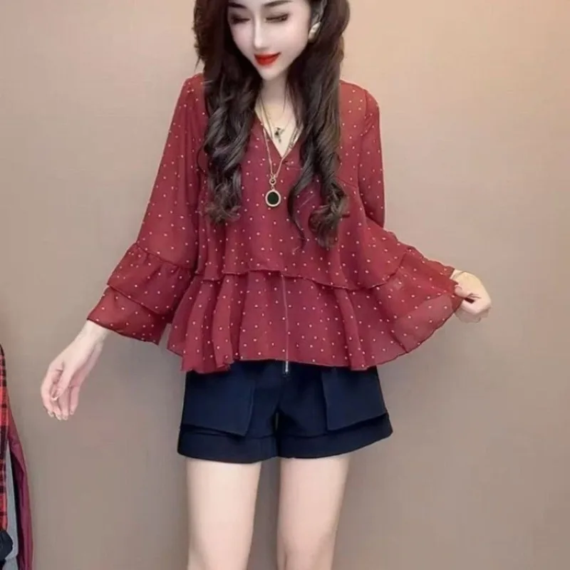 Ladies Summer New Style Casual Fashion Simplicity Elegant Temperament All-match Chiffon V-neck Top Tee Pullovers Short Sleeve