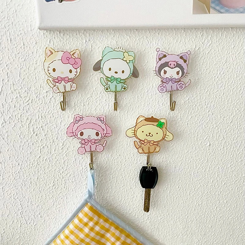 Kawaii Sanrio Hook Cartoon Anime Hello Kitty Kuromi Cinnamoroll My Melody Girl Cute Wall Hook Kitchen No Punching Acrylic Hook