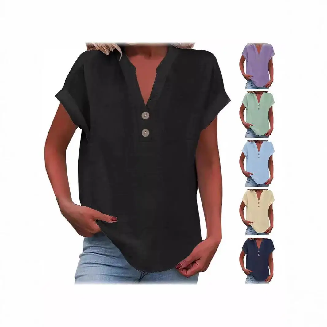 ياقة واقفة للنساء ort Sve irt مزيج القطن الرقيق جرس Sve نسيج البوليستر الصيف Faion السيدات irt