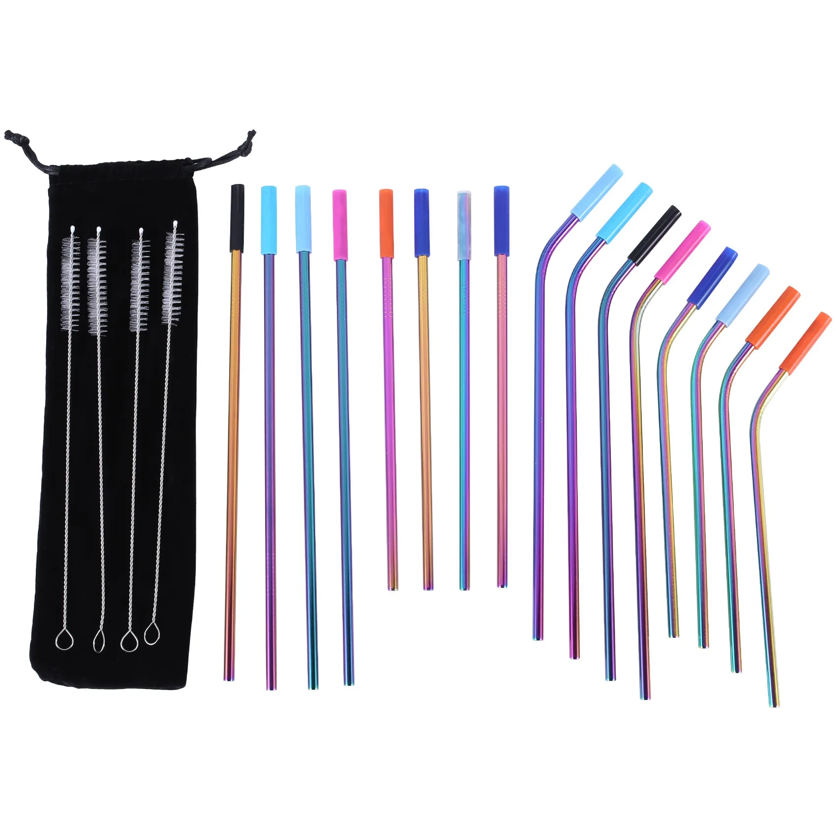 16 Pack Rainbow Color Reusable Metal Straws with Silicone Tip Colored Long Stainless Steel Straws Drinking Straw