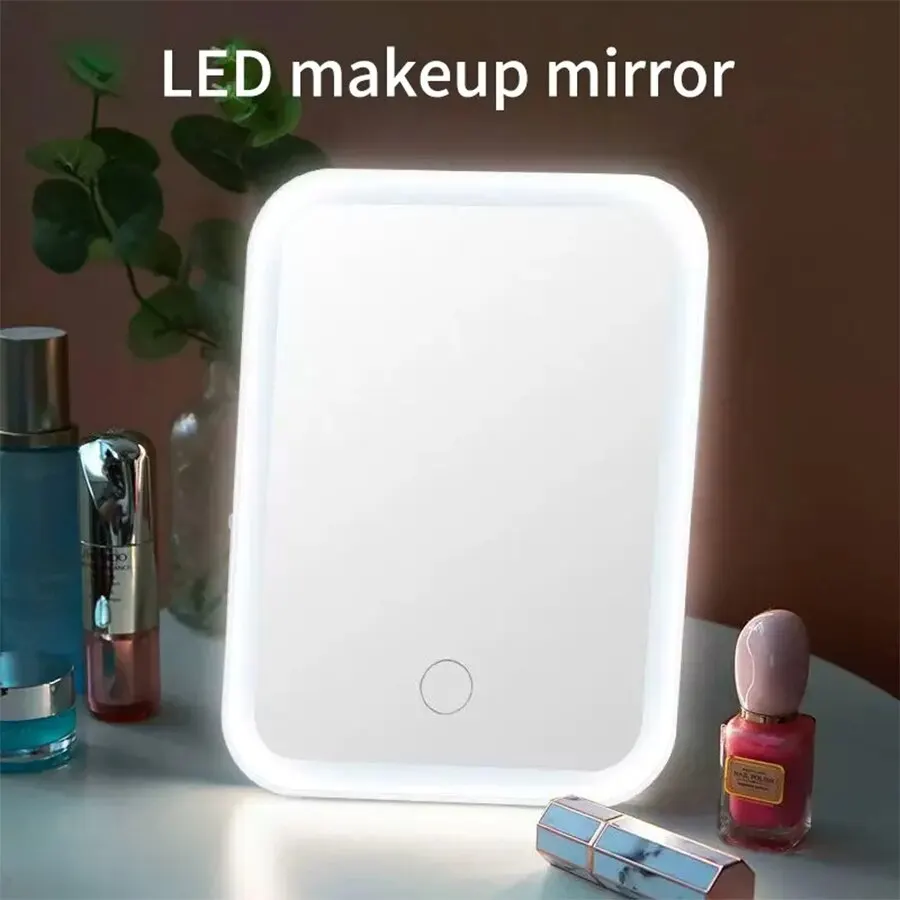 LED Makeup Mirror with LED Light Touch Screen Portable Standing Folding Vanity Mirroir Adjustable White Pink Household Dormitory