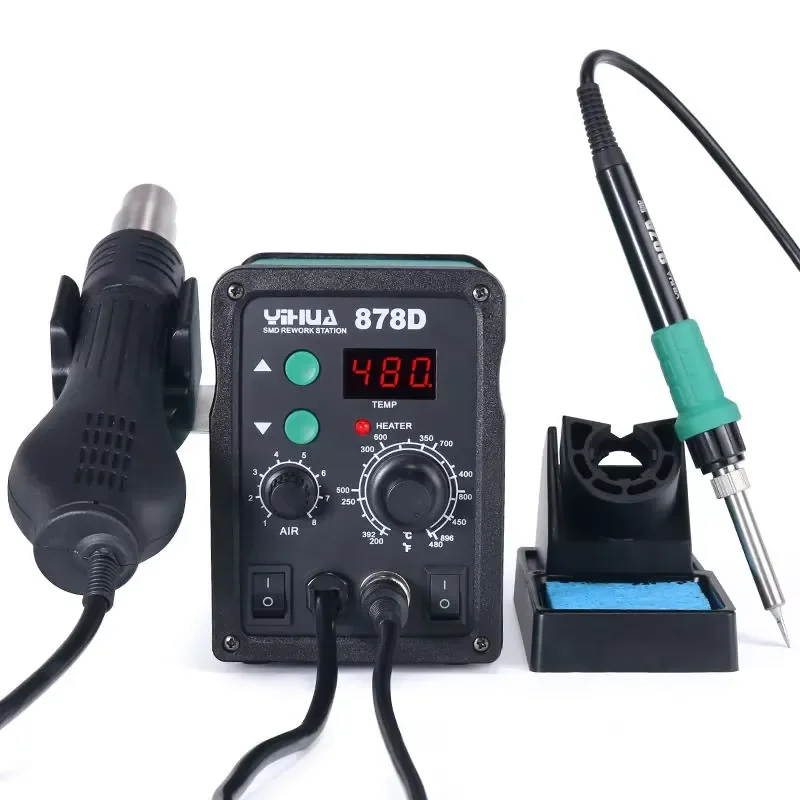 Original YIHUA 878D 2 in 1 Digital Display SMD Bga Hot Air Soldering Rework Station With Hot Air Soldering Iron
