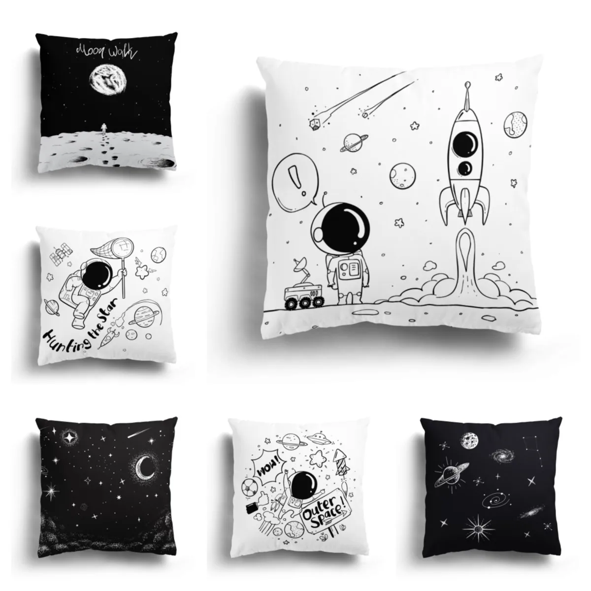 Home Sofa Cushion Cover Cartoon Pattern Pillowcase Fashion Black and White Star Astronaut Plush