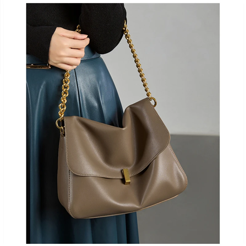Burminsa krowa prawdziwej skóry duży łańcuszek na ramię dla kobiet 2024 Trend projektant Crossbody Messenger torby torebki damskie z klapką
