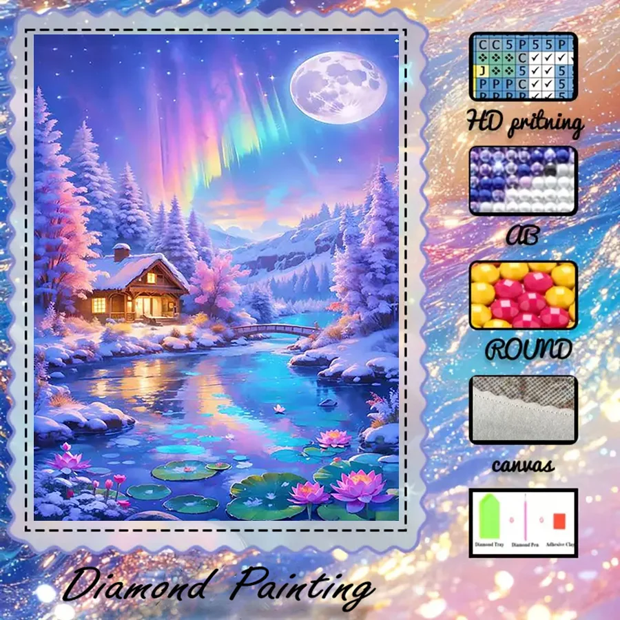 

1 piece - 5D-DIY - Flocking cloth - Special drill - Diamond painting set - Northern Lights, Snow - Mosaic - Diamond Art