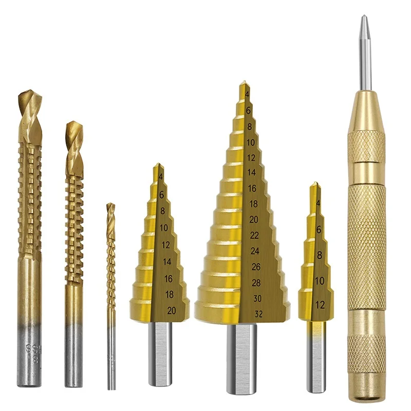 Imagem -06 - Titânio Revestido Step Drill Bit Conjuntos Sulco Reto Cone Hole Cortador Soco Central Automático Espiral Twist Saw Hss Pcs