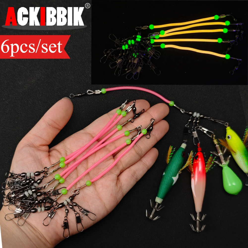 6pcs Glow Luminous Squid Jig Rig, Stainless Steel Wire Leader with Swivels Snaps, Saltwater Night Fishing Tackle for Octopus
