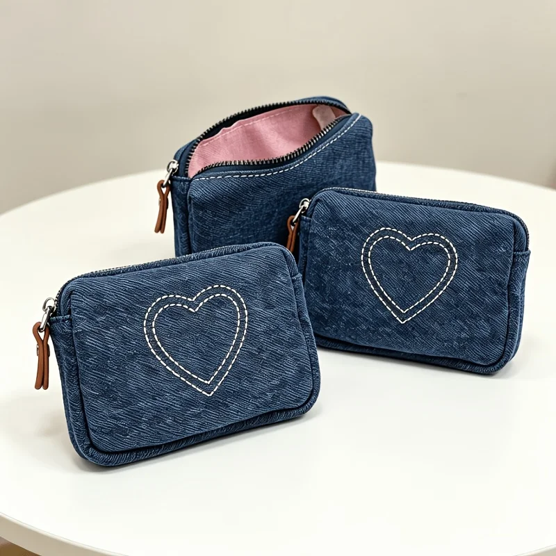 Storage Portable Stain-Resistant Bag, Simple Denim Love Heart Embroidery Card Holder, Id Holder, Coin Purse
