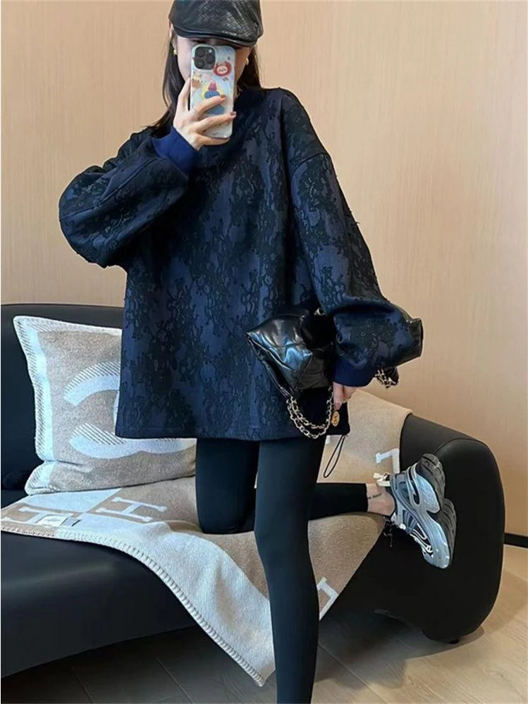 Felpa con cappuccio lunga Sve in pizzo retrò taglie forti 300 Pou Design unico Dstring da donna Unico piccolo irt coreano Sle rotondo Ne