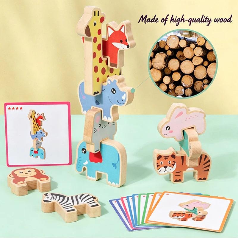 Wooden Animal Stacking Blocks Balance Game Montessori Early Learning Toys Kids Balance Sensory Training Fine Motor Training Toys view 5