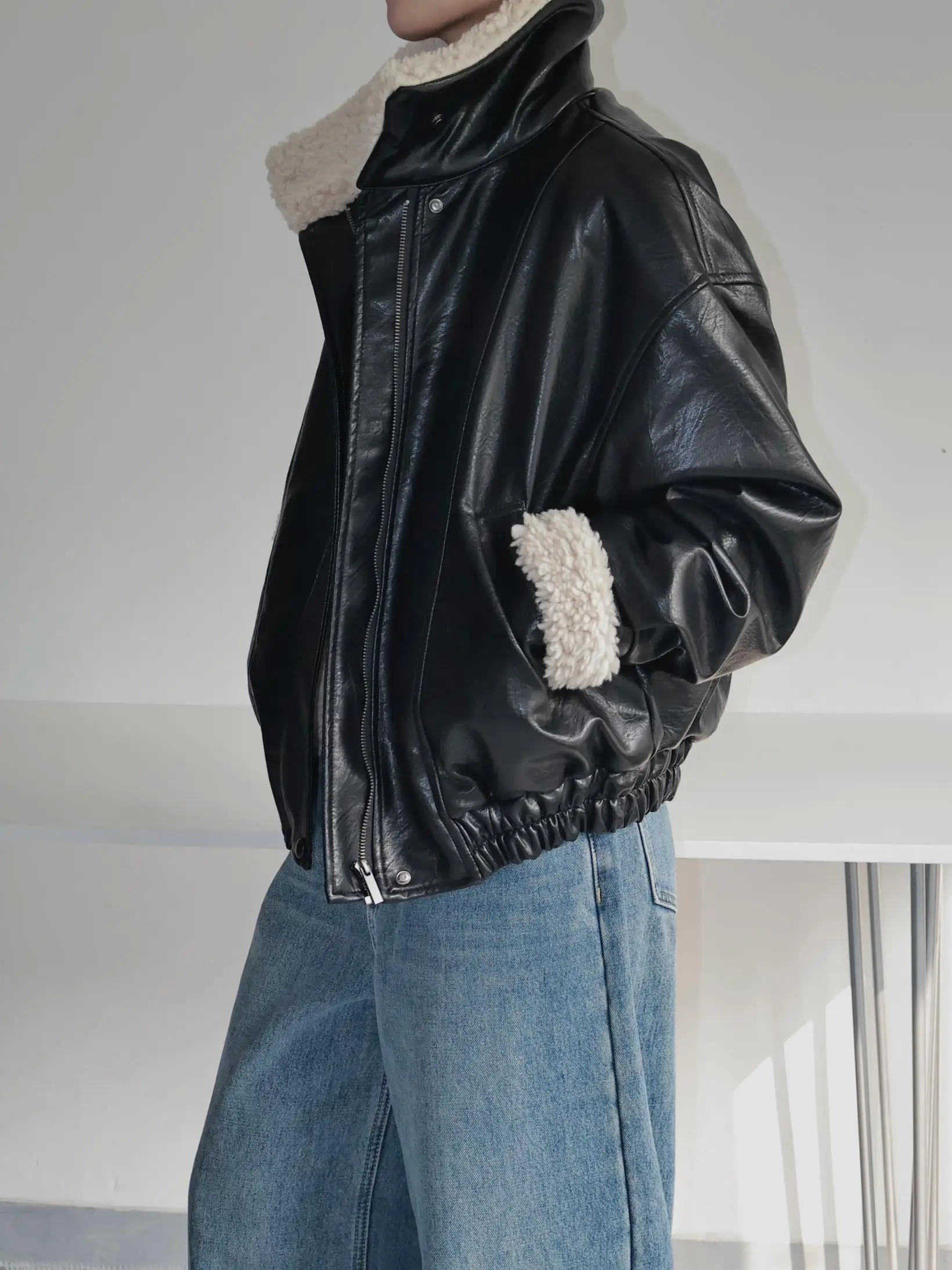 Street Sle Lamb Fur Jaet Thi Warm ort Leather Coat for Women Zipper Closure Polyester Fiber Winter Outerwear