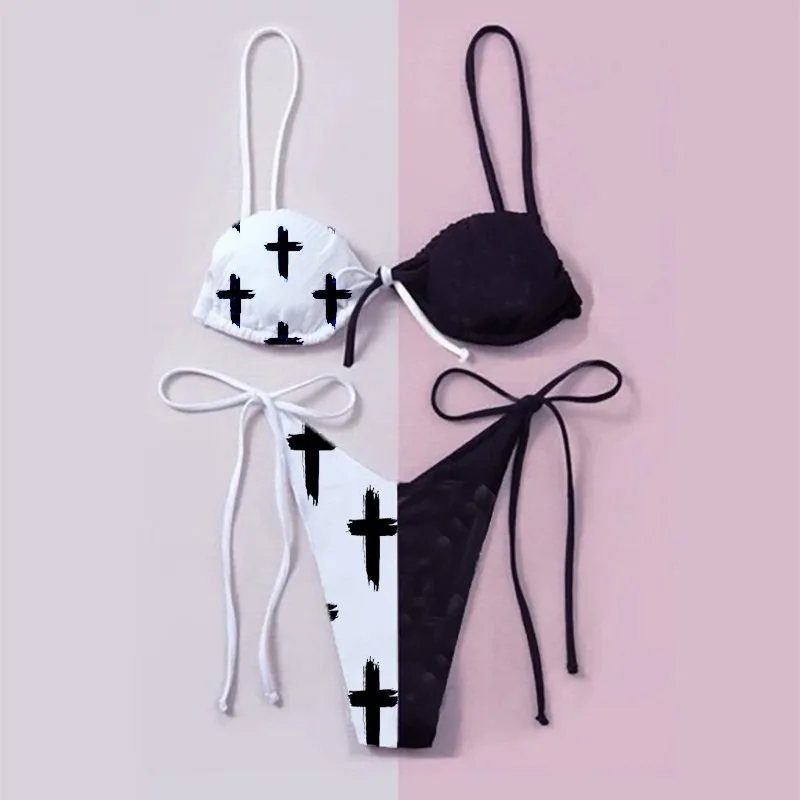Trendy Letter Graphic Bikini Set Sexy Triangle Swimwear Removable Pads Quick-Drying Bathing Suit for Beach Pool Party