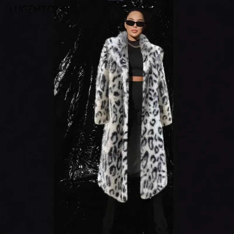 Women Faux Fur Coat 2024 Long Y2k Thickened Windproof Warm Fluffy Jacket Fashion Leopard Print Lapel Oversized Luxury Cardigan