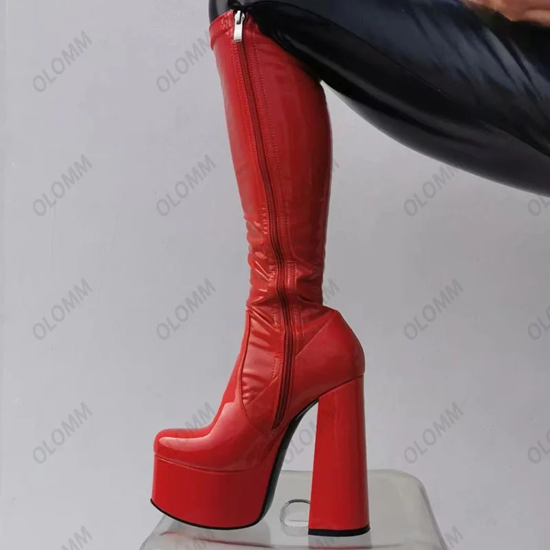 Olomm New Arrival Women Spring Platform Knee Boots Stretch Block Heels Round Toe Gorgeous Red Shoes Women Plus US Size 5-15