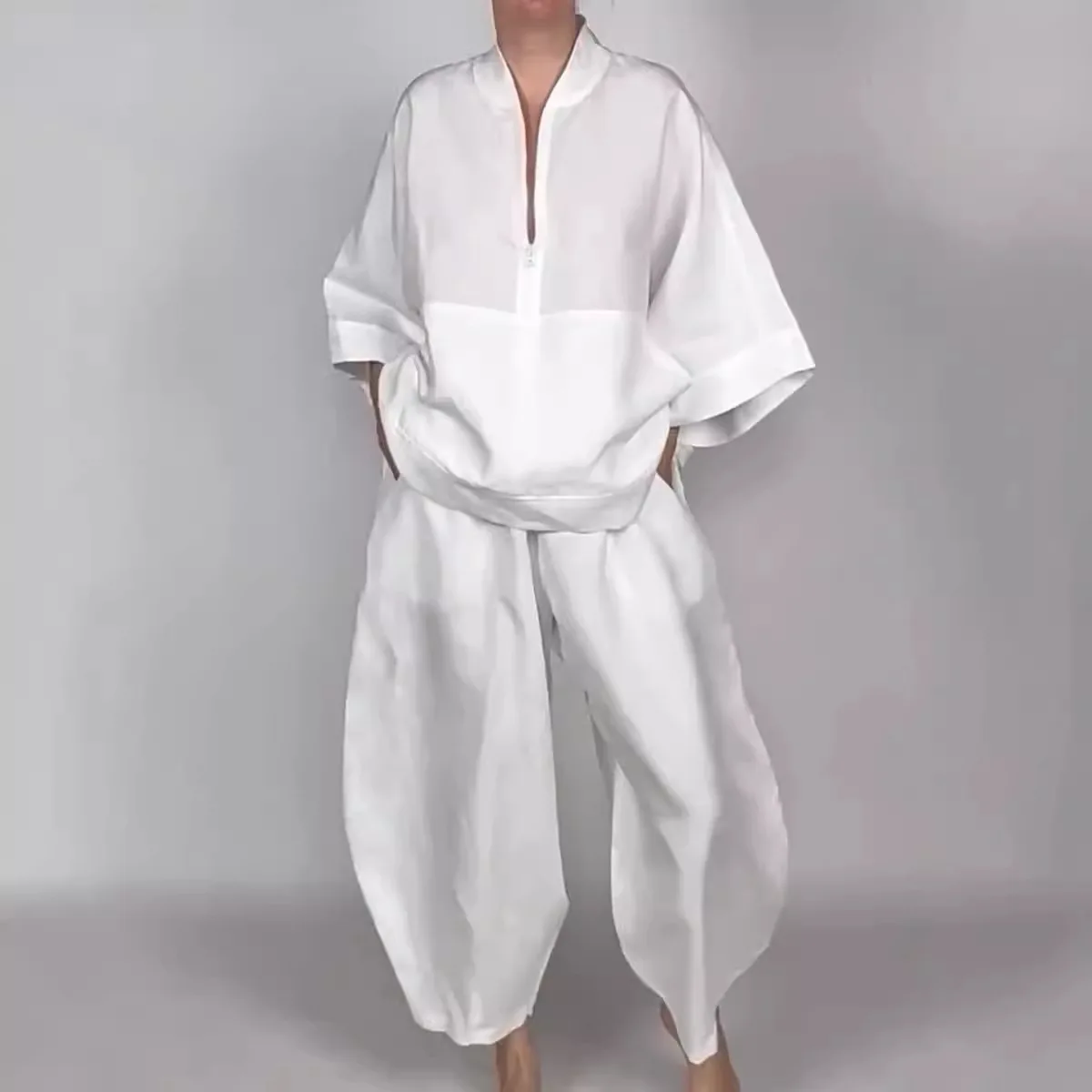 

2026 Independent Station Autumn Women's Loose Casual Solid Color Pocket Half-Zip Top And Bloomers Set