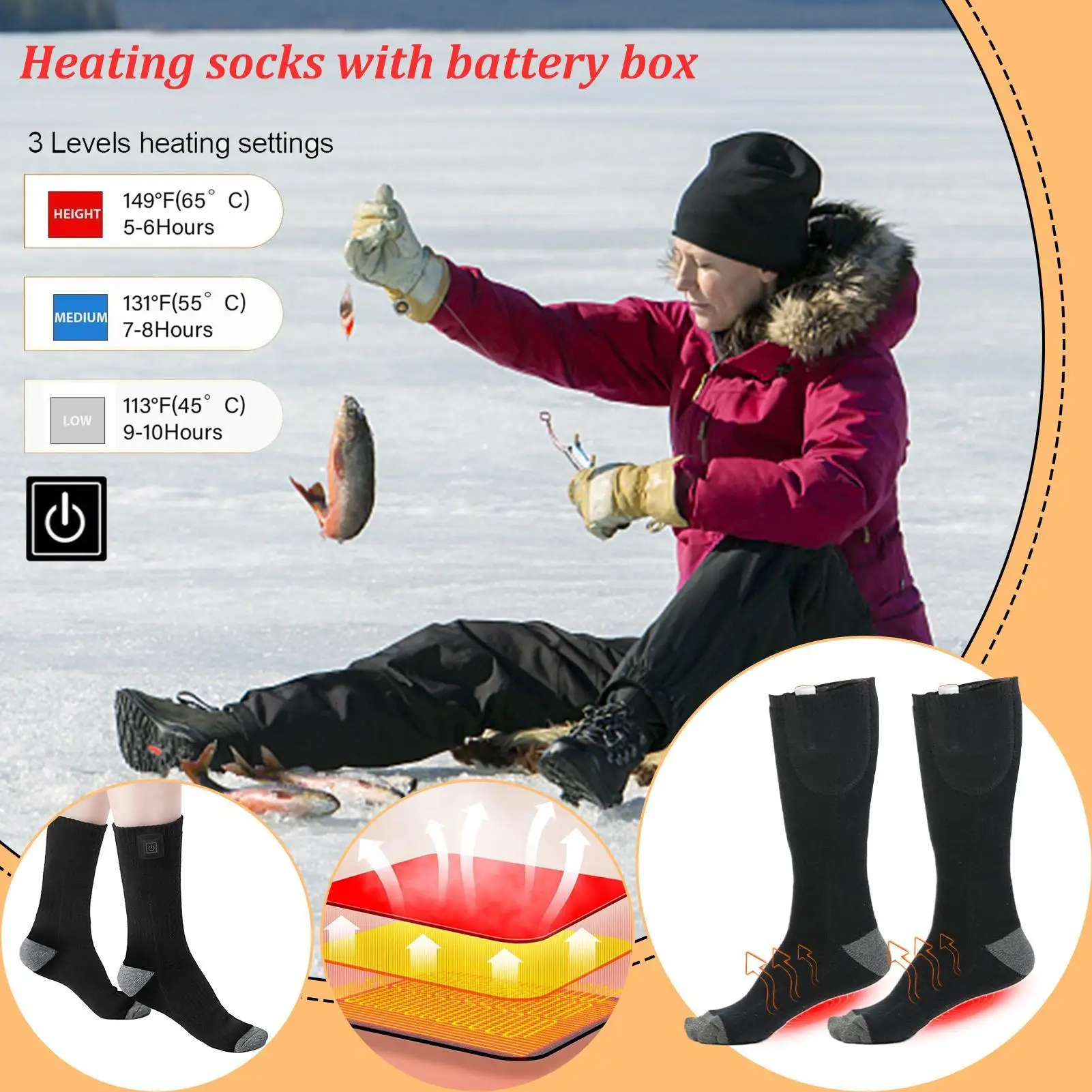جوارب شتوية ساخنة مع صندوق بطارية جوارب دافئة 3 مستويات تسخين جوارب كهربائية للبالغين والنساء لراكبي الدراجات والتخييم على الجليد
