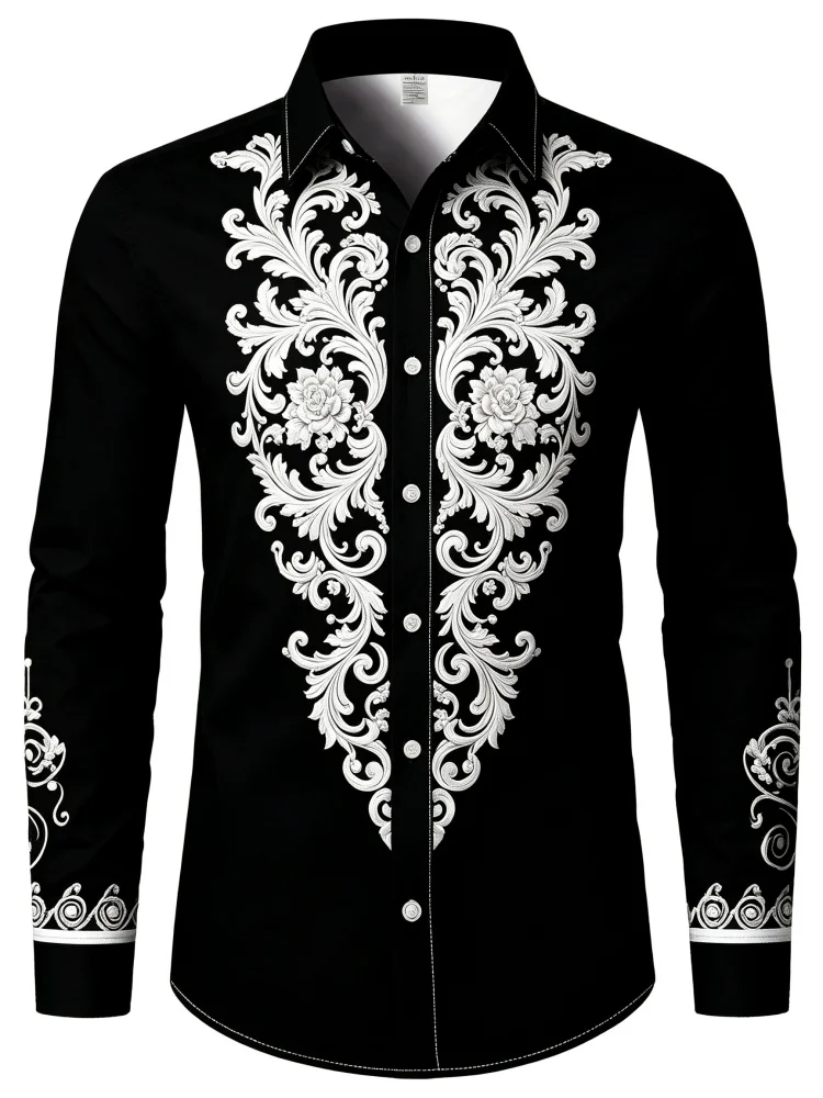 Men's Baroque Embroidered Long Sleeve Shirt, Palace Pattern Collar Shirt, Business Banquet Dress Shirt, Casual Top