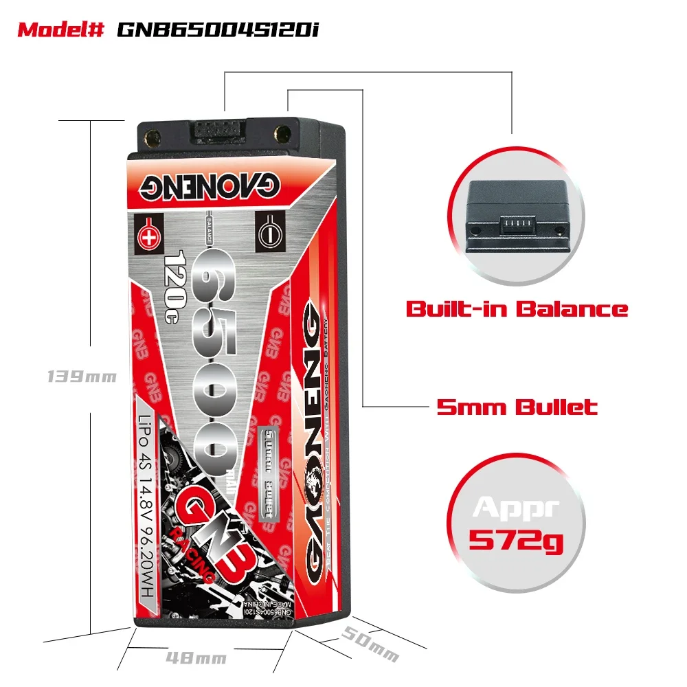 GAONENG GNB 6500mAh 4S 120C 240C 14.8V 5mm Built-in Bullet Hard Case LiPo Battery 1/10 1/8 Scale RC Racing Monster