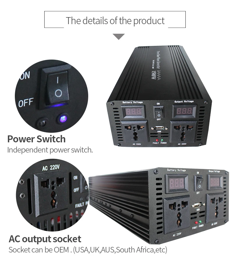 Alta qualità 12V 24V DC input 220V 110V inverter per auto mini inverter solare 1500W 3000W inverter di potenza a onda sinusoidale pura display a LED