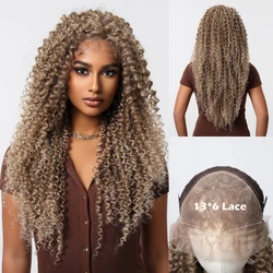 13*6 Kinky Curly Wave Lace Front Synthetic Wig for Balck Women Light Brown Golden Lace Hair Wig Heat Resistant for Daily Cosplay