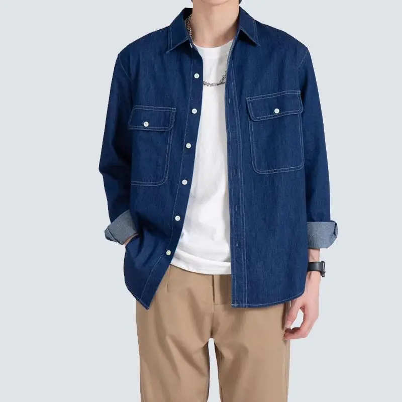 

New Men's Casual Loose Shirt Autumn Fashion Versatile Outerwear Standard Fit Long Sleeve Anti-Oil High Elasticity Pure Color