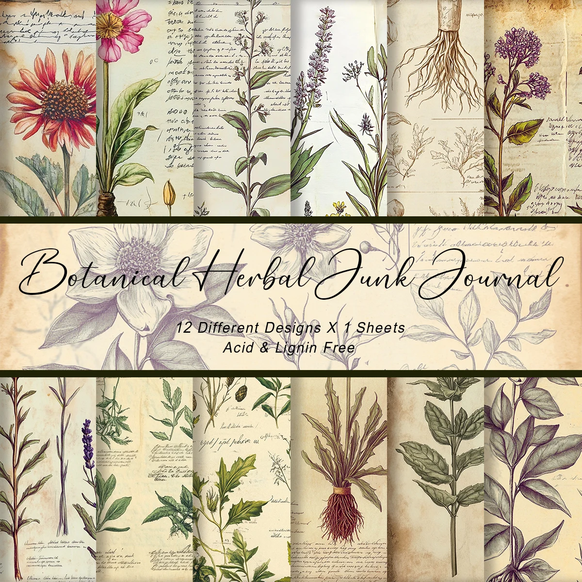 12pcs Vintage Botanical Herbal Flowers Paper Pad,For Journaling,Paper Cutting,Scrapbooking&Collage Art,Diy Party Decor Supplies