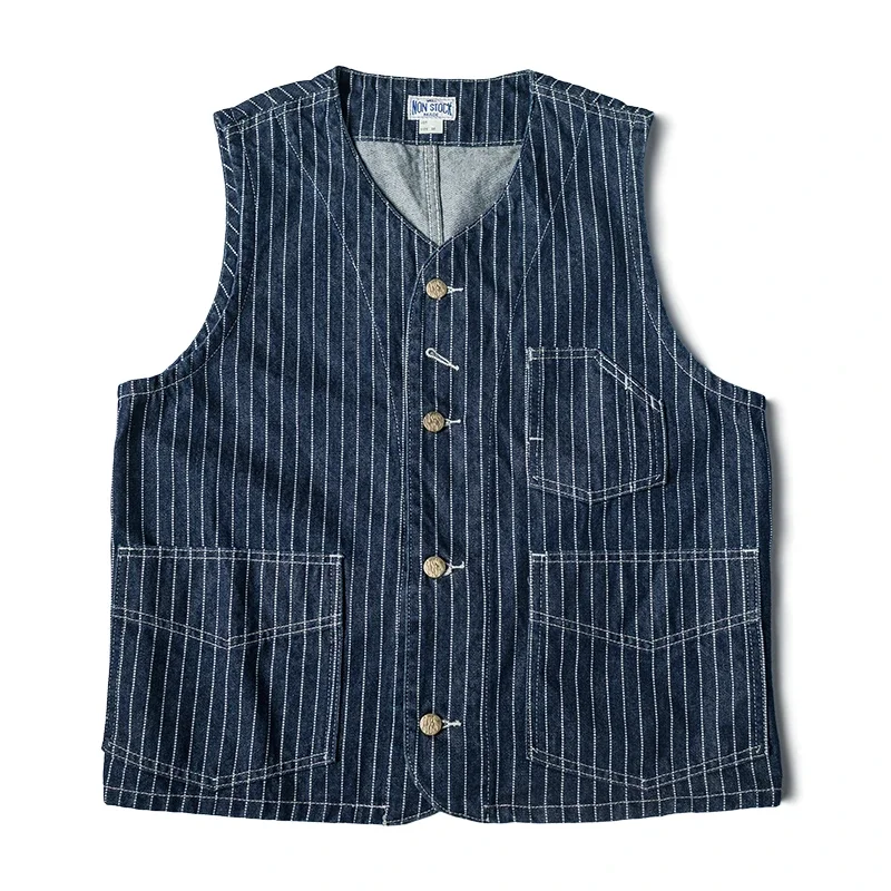 Non Stock 1930s Three-Pocket Wabash Work Vest Retro Men\'s Striped Sleeveless Jacket