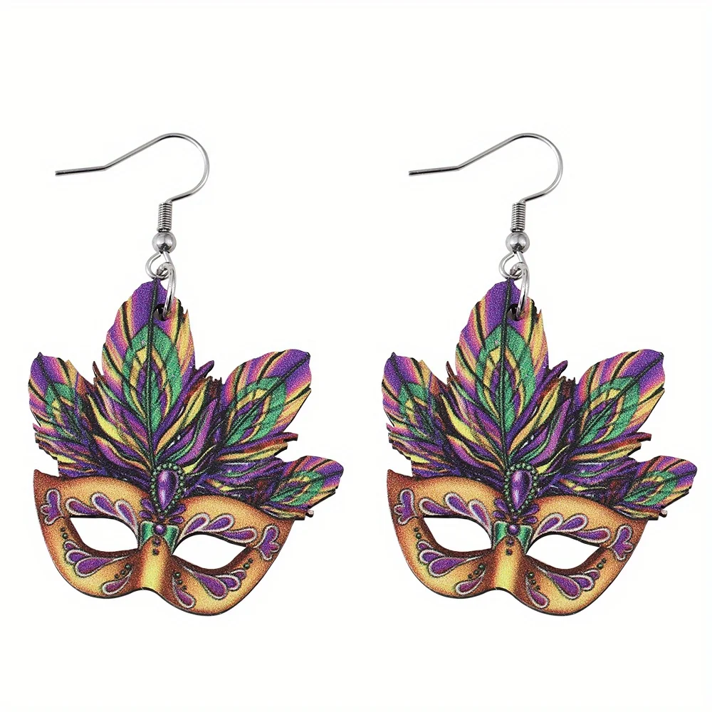 Mardi Gras Mask Design Dangle Earrings Party Cartoon Style Wooden Jewelry Carnival Female Ear Ornaments
