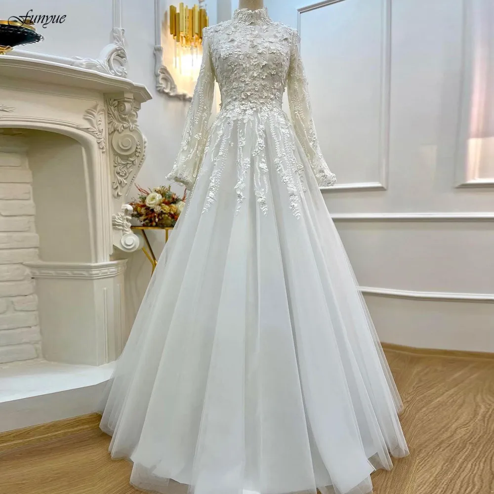 Funyue High Neck A Line Princess Wedding Dresses For Women 2025 Bride Full Sleeves Lace 3D Flowers Elegant Bridal Party Gown