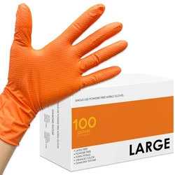 8Mil Heavy Duty Orange Nitrile Gloves Disposable Safety Work Gloves with Diamond Textured Grip Industrial Mechanic Auto Gloves