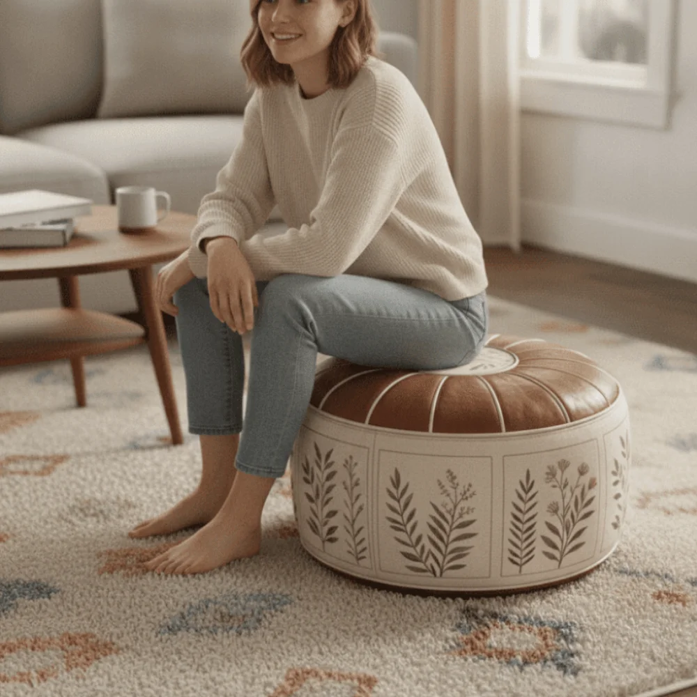 PU Leather Oil Painting Pattern Stool Cover Unfilled Waterproof Pouf Cover Rustic Style Round Clothes Storage Bag Living Room
