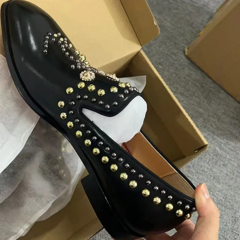 Gold Rivet Studded Shoes Man Pointed Toe Black Real Leather Hand-made Flats Male Fashion Party Shoes