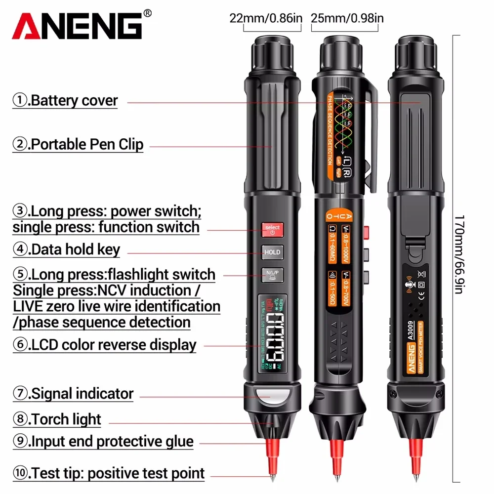 ANENG A3009 AC/DC Voltage Tester 6000 Counts OHM Voltage Capacitance Meter VA Color Reverse Display for Diode/Continuity Testing