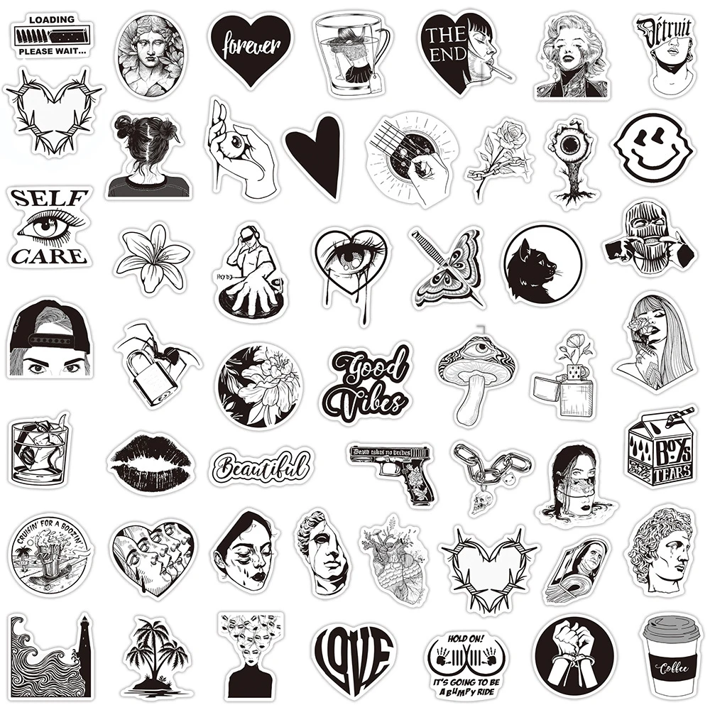 10/30/50pcs INS Style Black White Art Styling Graffiti Stickers Laptop Luggage Phone Case Guitar Cool Decoration Sticker for Kid