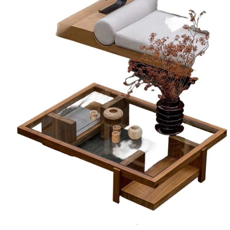 Minimalist solid wood high-end light luxury glass coffee table, living room, household medieval small tea table, Japanese-style