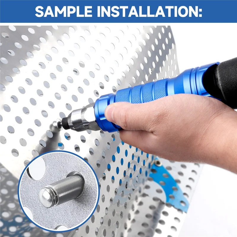 ABRW-Set di strumenti per pistola per dadi per rivetti elettrici a batteria in lega di alluminio Colore blu, 3/32", 1/8", 5/32", 1/4", ugelli con codolo esagonale fai da te