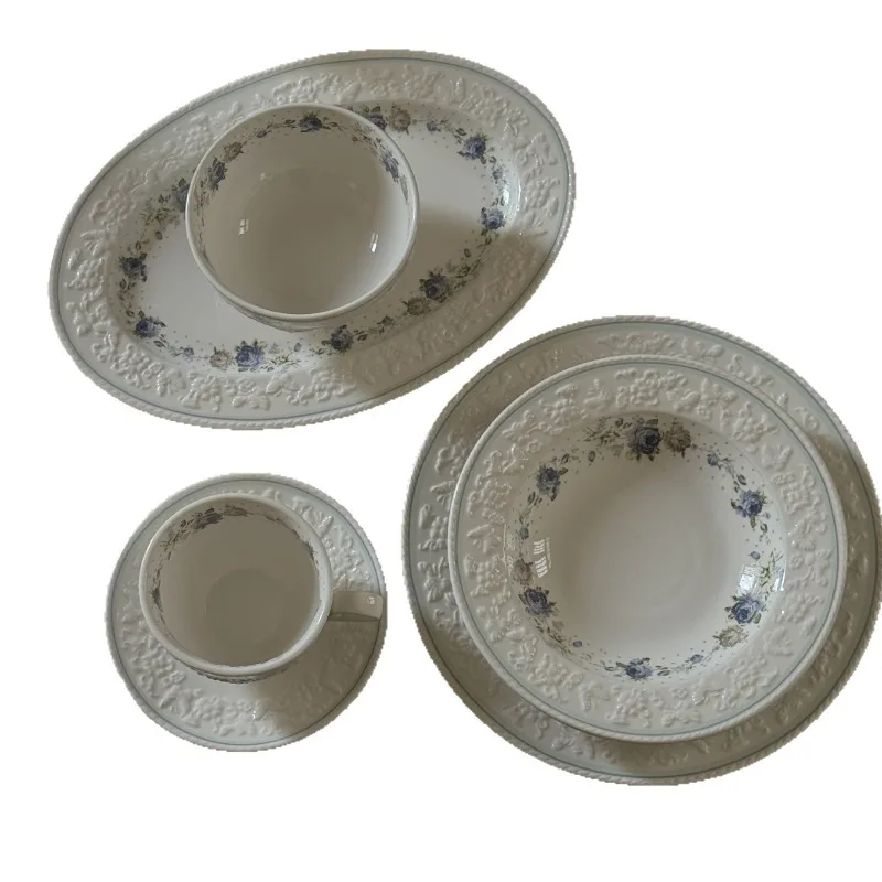 

French, Medieval Holiday Romantic Rose Manor Embossed Floral Ceramic Plate Bowl Dessert Plate Soup Plate Tableware Set