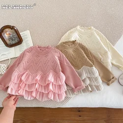 2024 Spring Kids Baby Girls Fashion Top Sweater - Children Patchwork Ruched Knitted Outwear , Toddler Princess 2-7Y